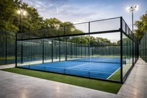 פנינה וידר אדריכלית מגרש פאדל תקני 20x10 מטר עם קירות זכוכית מחוסמת, רשת מרכזית ומשטח סינתטי במתחם ספורט מקצועי